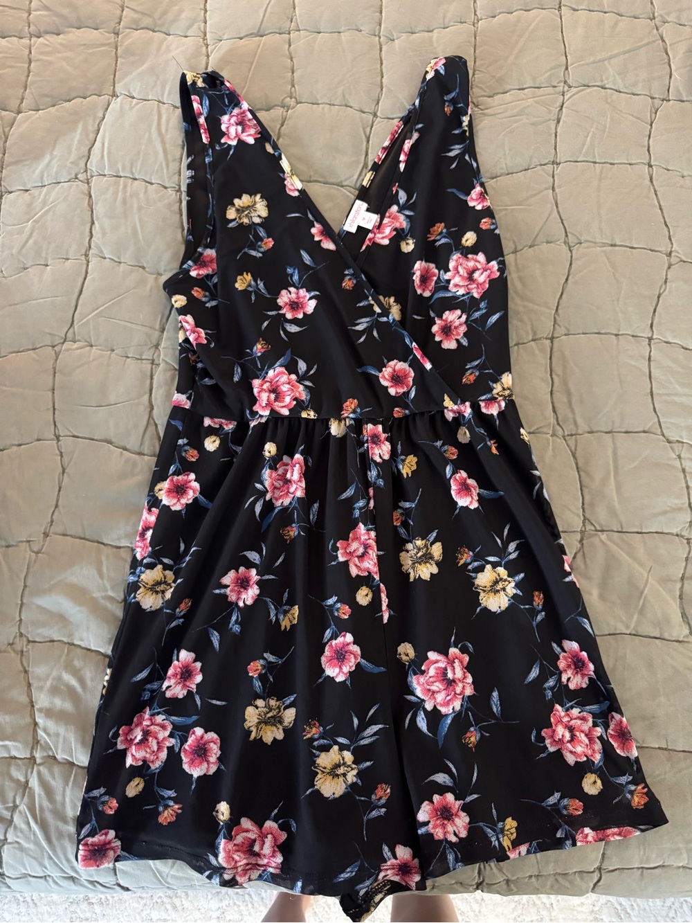 Xhilaration Black Floral Wrap Mini Romper with Pink & Yellow Blooms